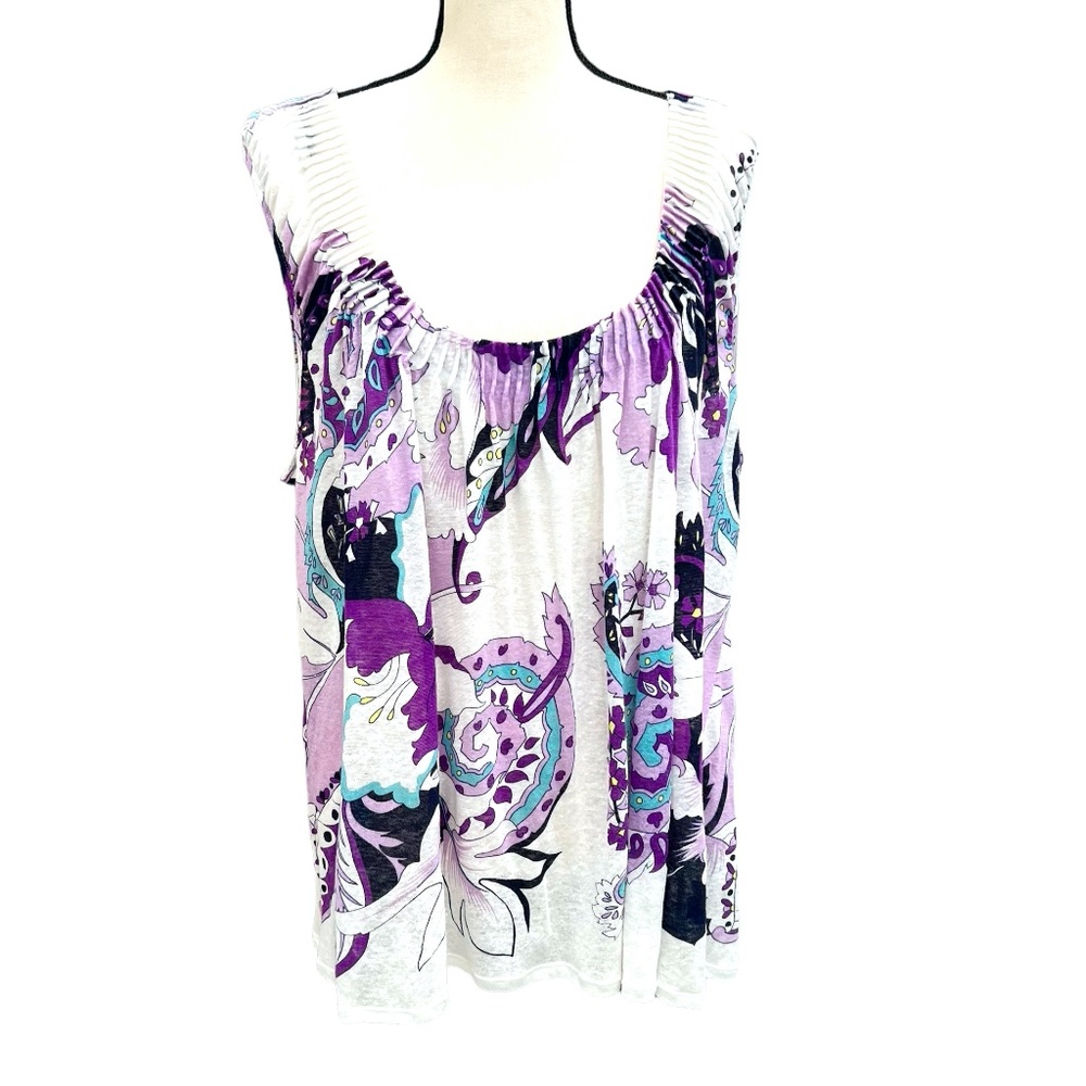 ELIE TAHARI WHITE W PURPLE & BLUE FLOWERS & PAISLEY DESIGN PLEATED NECK TANK TOP